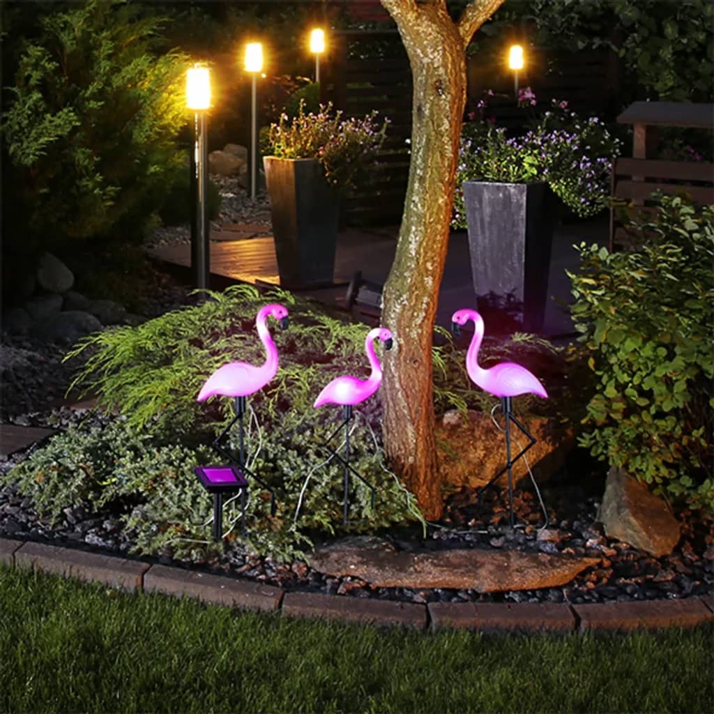 HI Lampă solară de grădină cu LED și țăruș, flamingo, 3 buc.