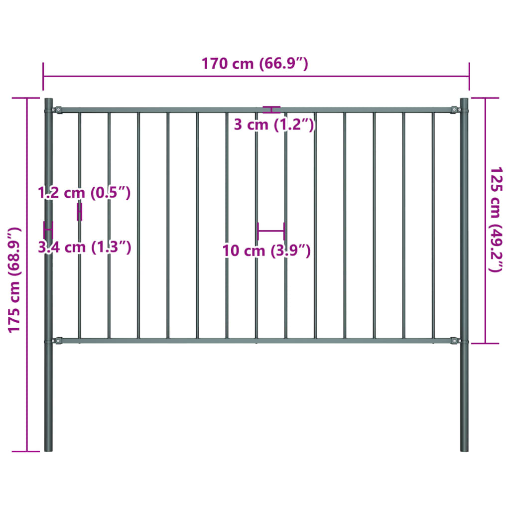 Panou de gard cu stâlpi, antracit, 1,7 x 1,25 m, oțel