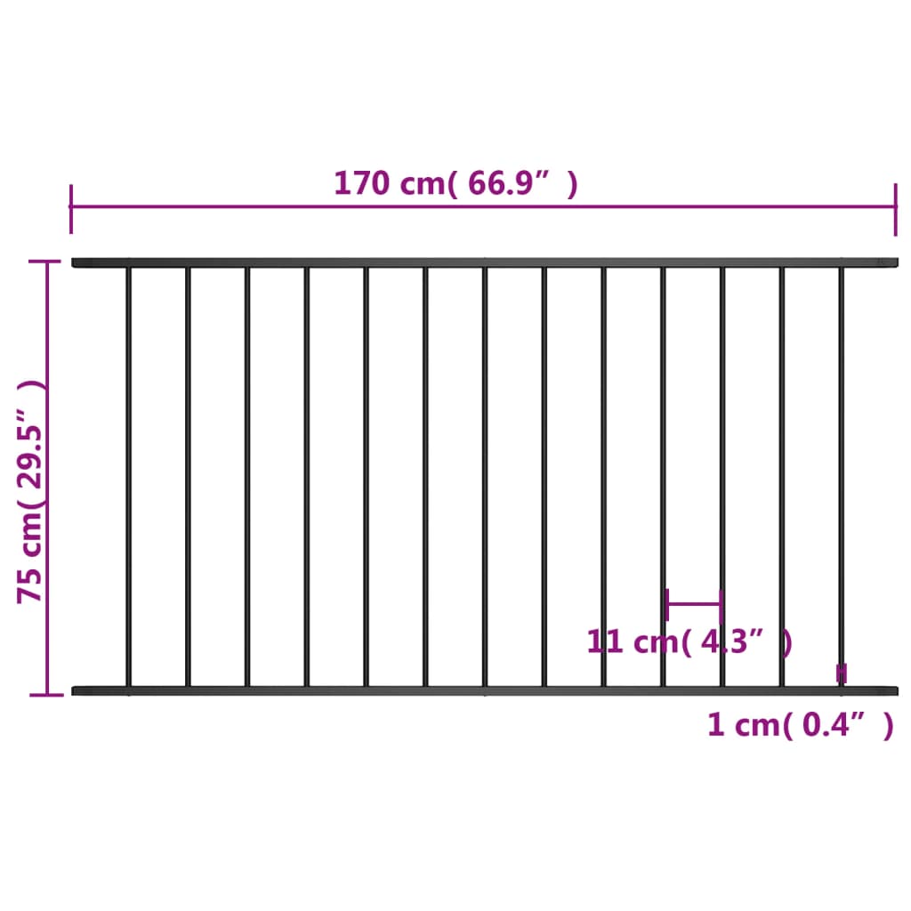 Panou de gard, negru, 1,7 x 0,75 m, oțel vopsit electrostatic