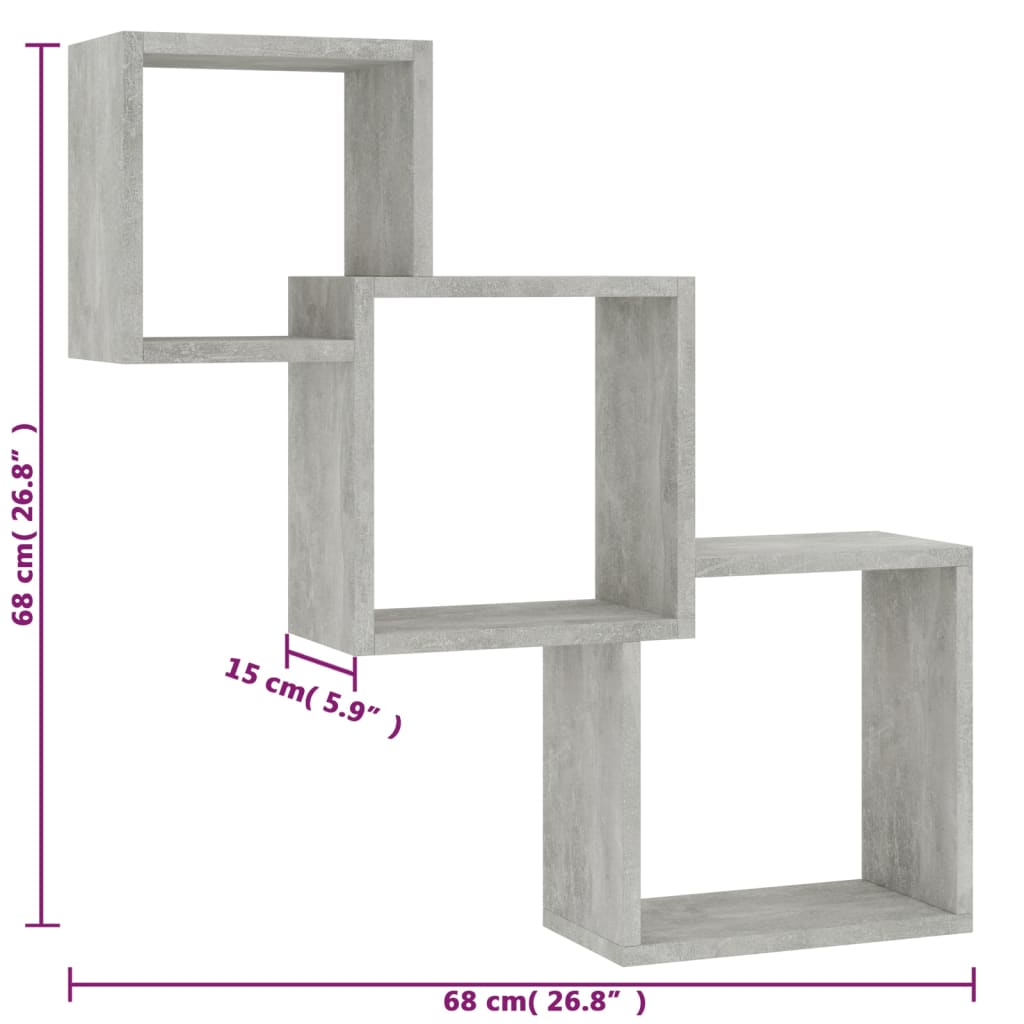 Rafturi de perete, cub, gri beton, 68x15x68 cm, lemn prelucrat