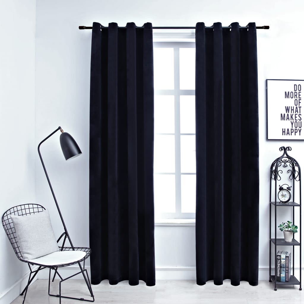 Draperii opace cu inele, 2 buc., negru, 140 x 225 cm, catifea