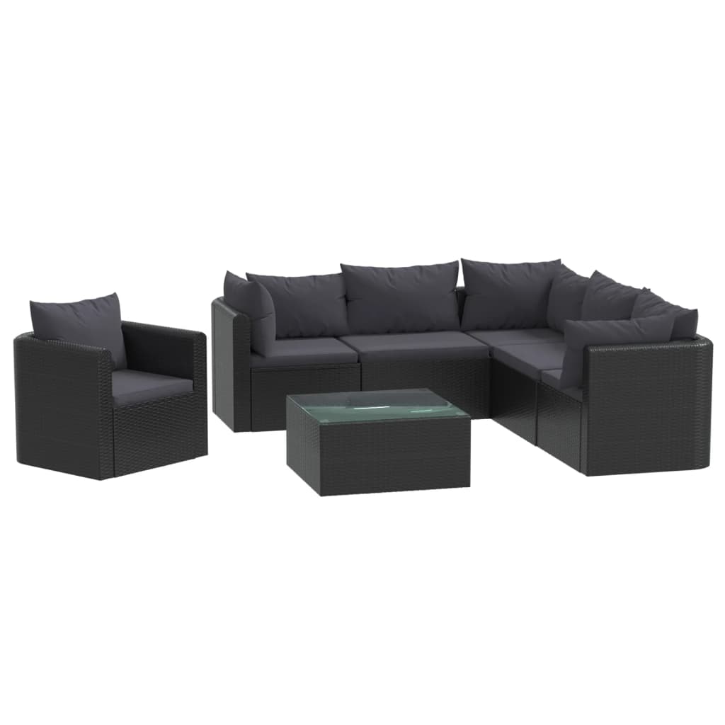 Set mobilier de grădină cu perne, 7 piese, negru, poliratan