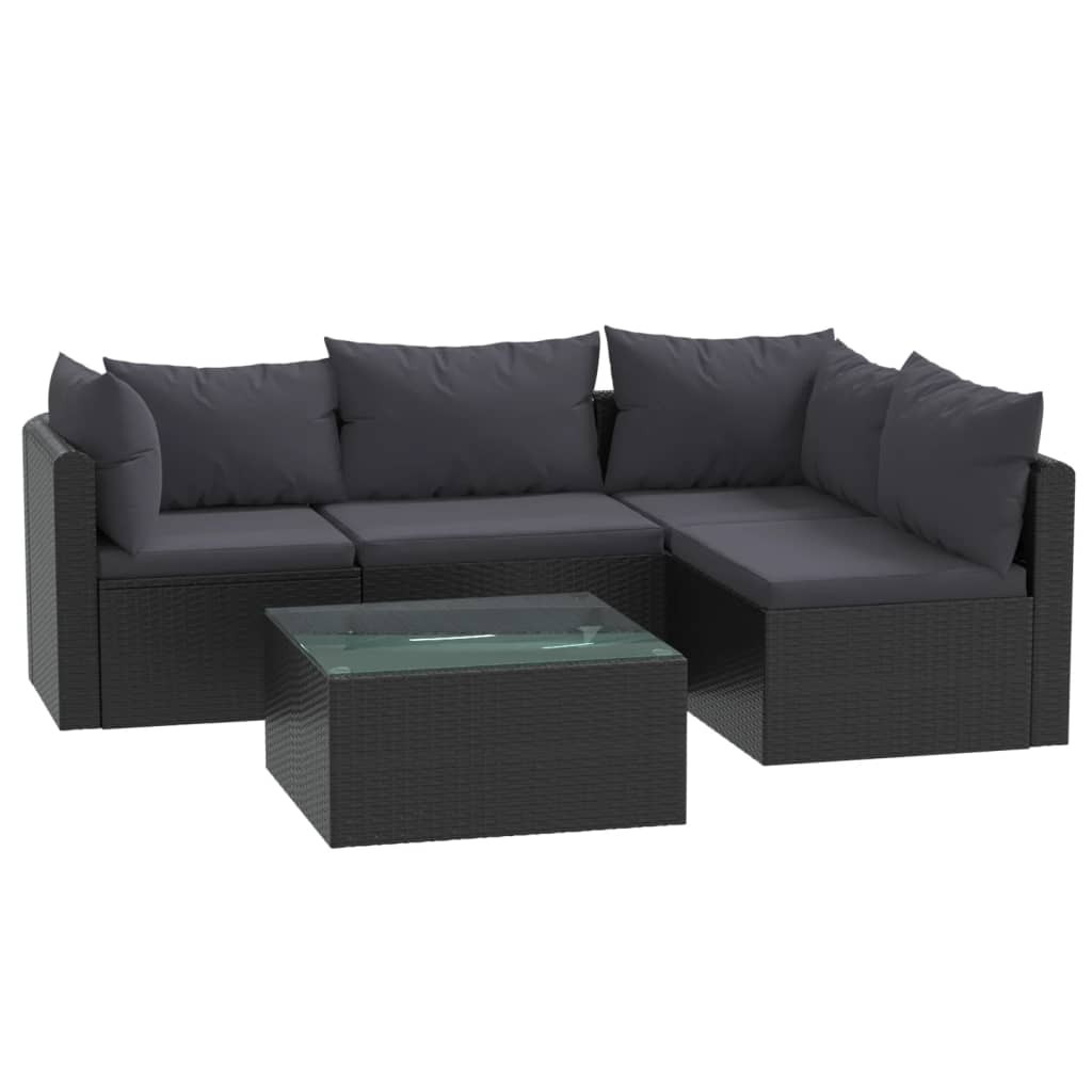 Set mobilier de grădină cu perne, 5 piese, negru, poliratan