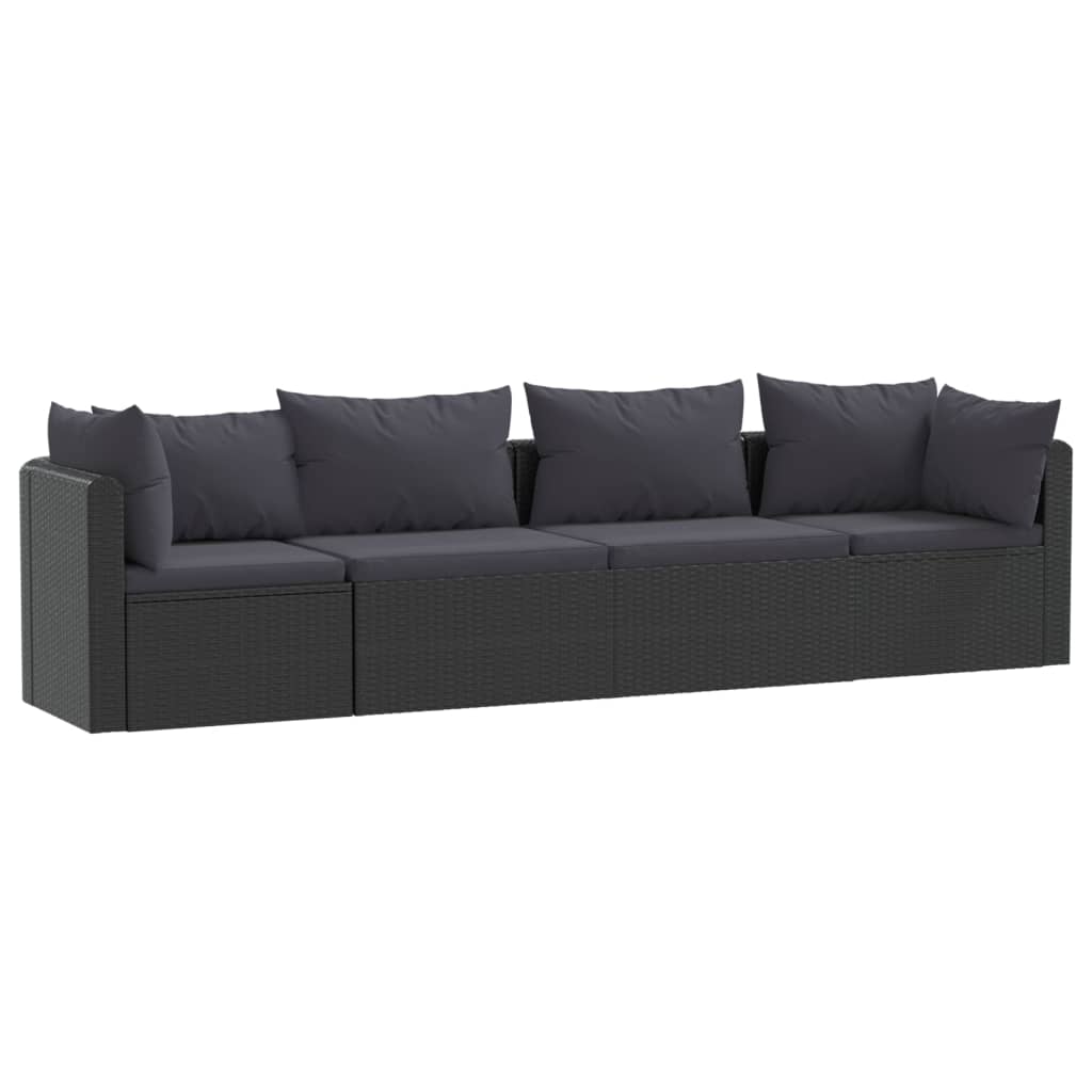 Set mobilier de grădină cu perne, 4 piese, negru, poliratan