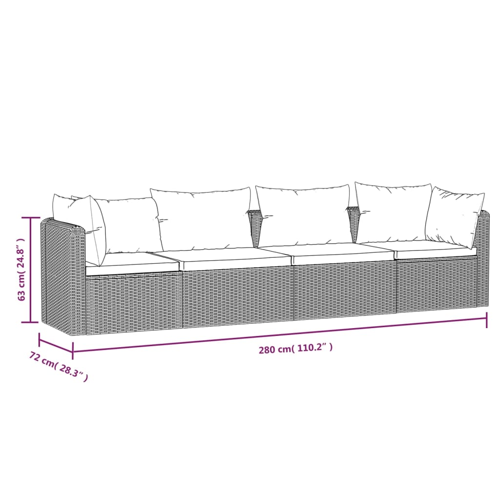 Set mobilier de grădină cu perne, 4 piese, negru, poliratan