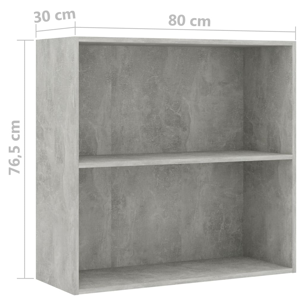 Bibliotecă cu 2 rafturi, gri beton, 80 x 30 x 76,5 cm, PAL