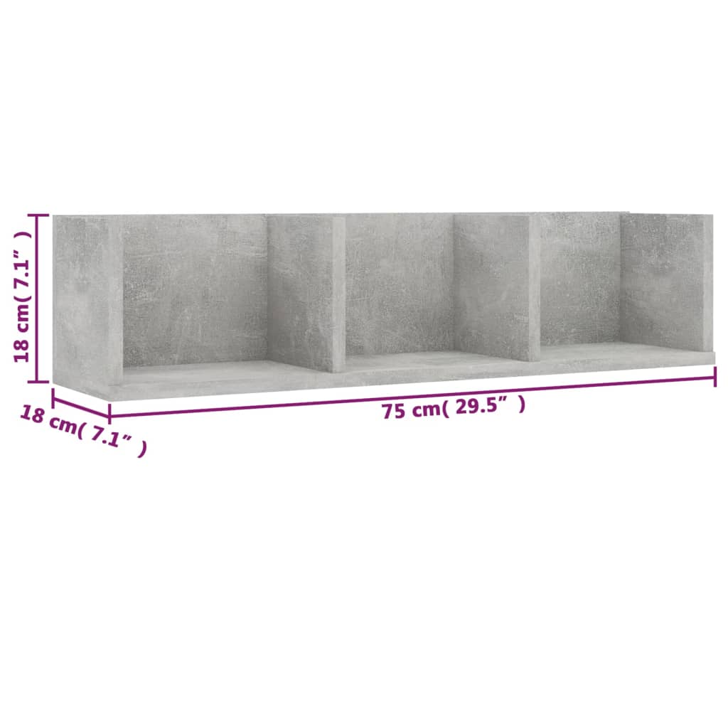 Raft de perete CD-uri, gri beton, 75x18x18 cm, lemn prelucrat