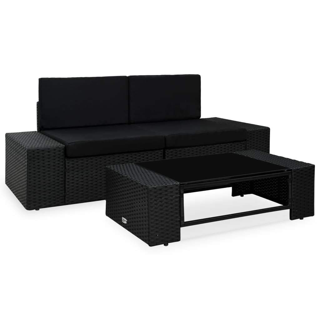 Set mobilier de grădină, 3 piese, negru, poliratan