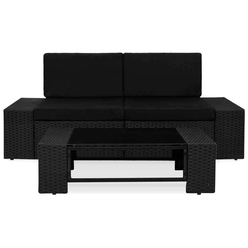 Set mobilier de grădină, 3 piese, negru, poliratan