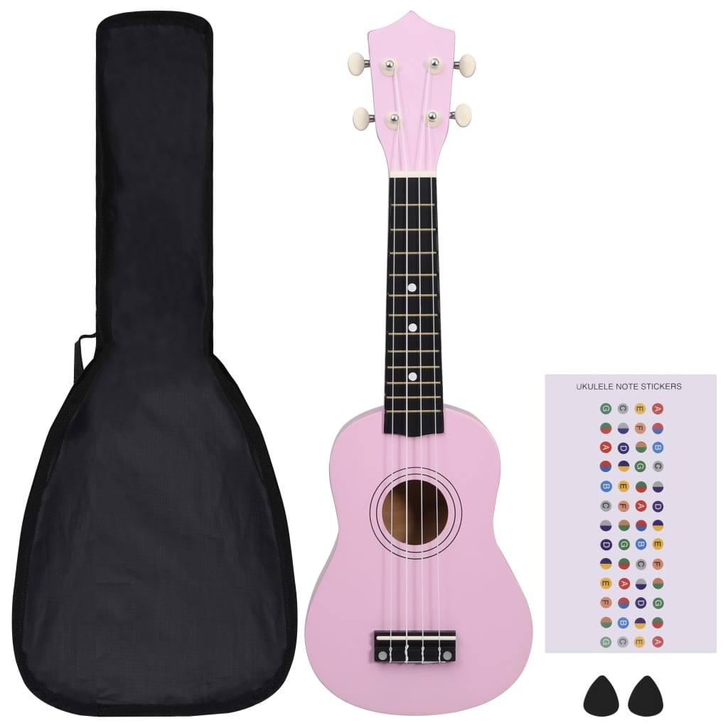 Set ukulele soprano, cu husă, pentru copii, roz, 21"