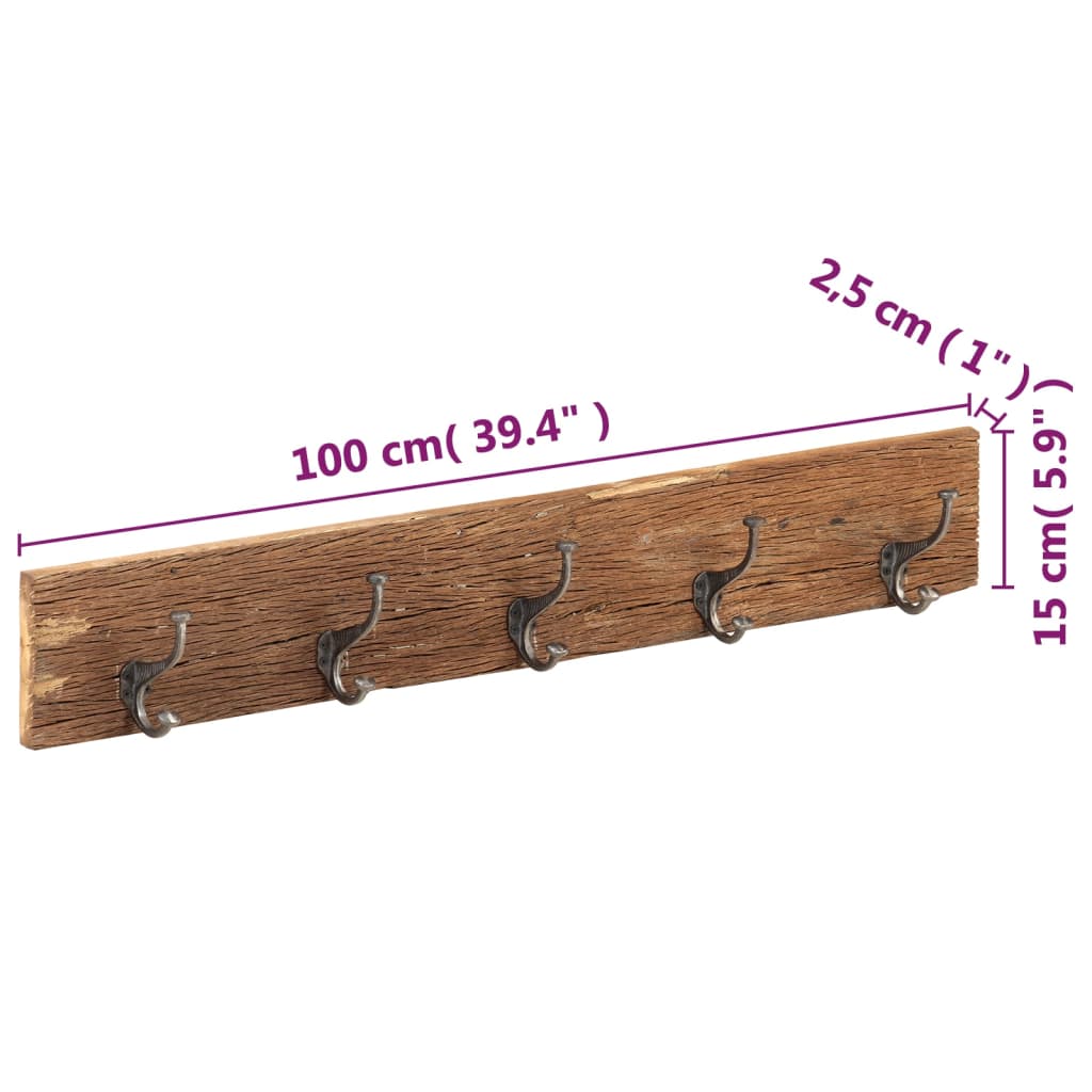 Cuier de hol cu 5 cârlige, 100x2,5x15 cm, lemn masiv reciclat