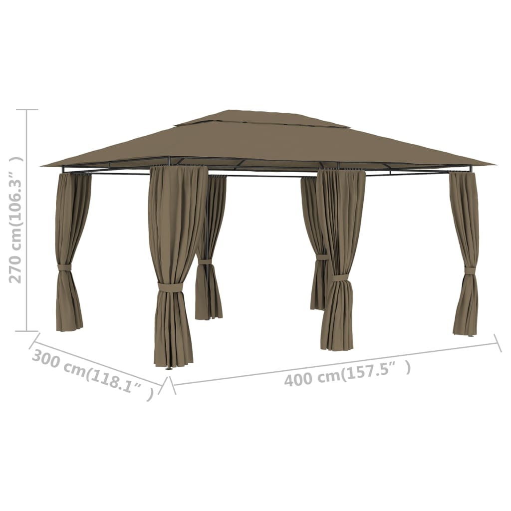 Pavilion de grădină cu perdele, gri taupe, 4 x 3 m, 180 g/m²