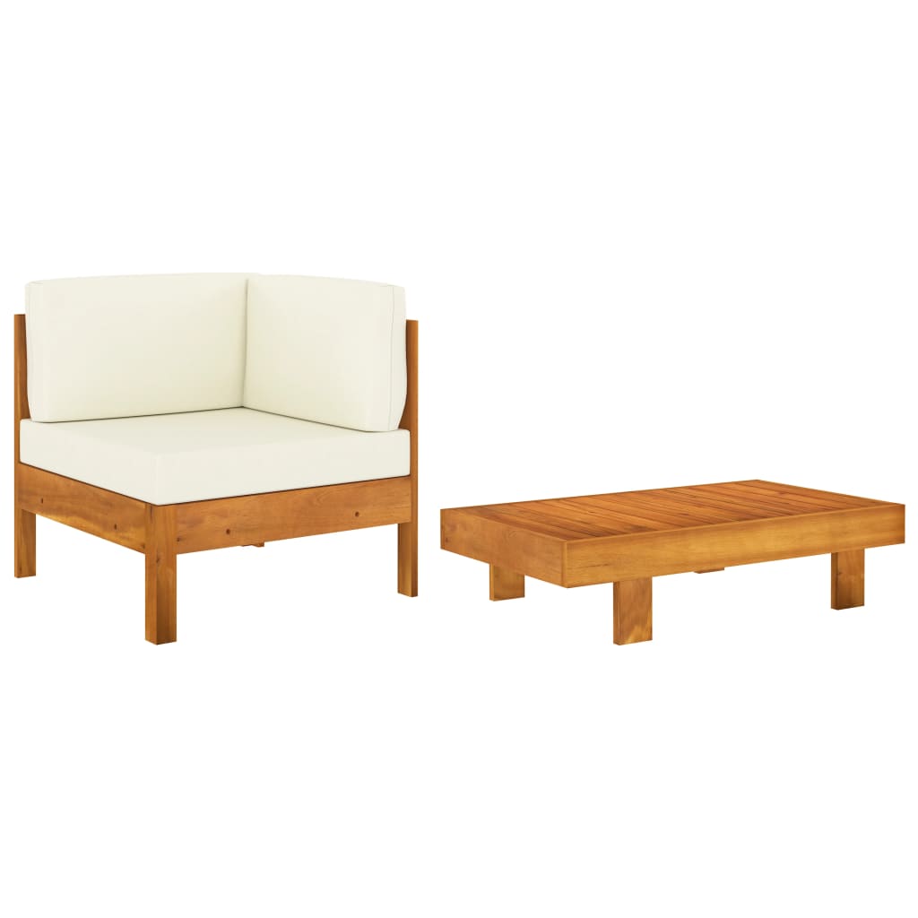 Set mobilier grădină perne alb/crem, 2 piese, lemn masiv acacia