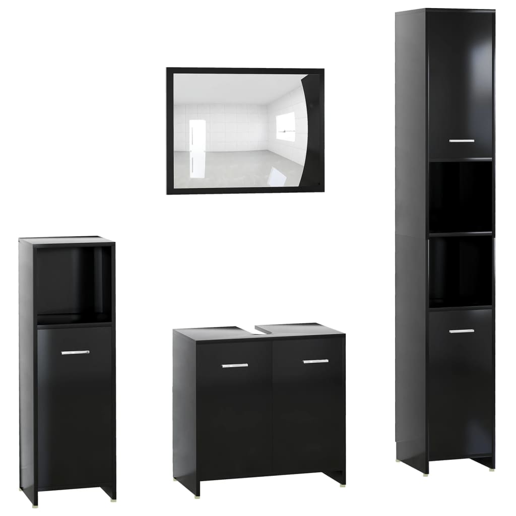 Set mobilier de baie, 4 piese, negru, lemn prelucrat