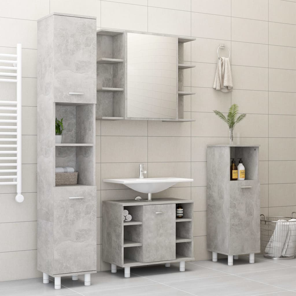 Set mobilier baie, 4 piece, gri beton, lemn prelucrat