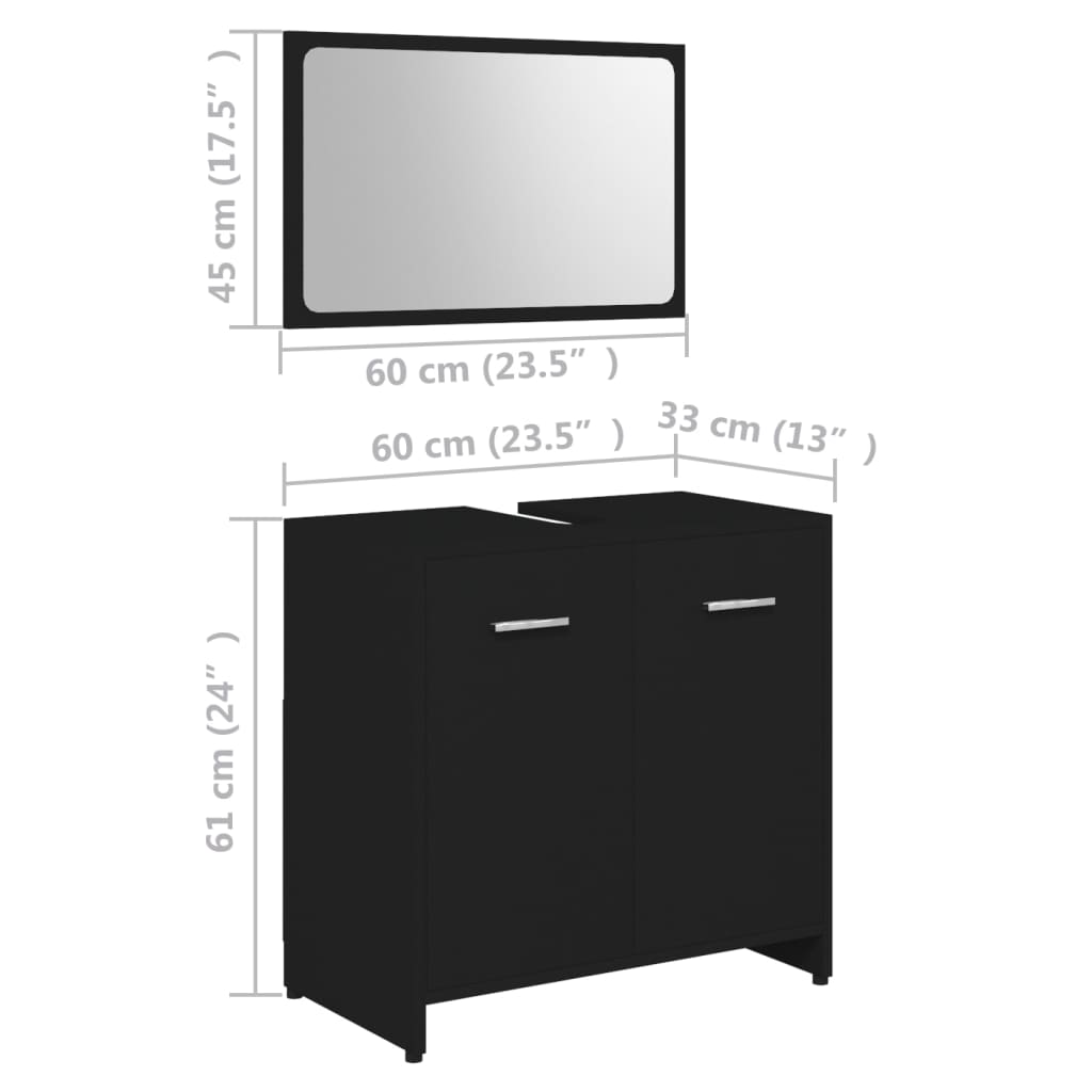 Set mobilier de baie, 3 piese, negru, lemn prelucrat