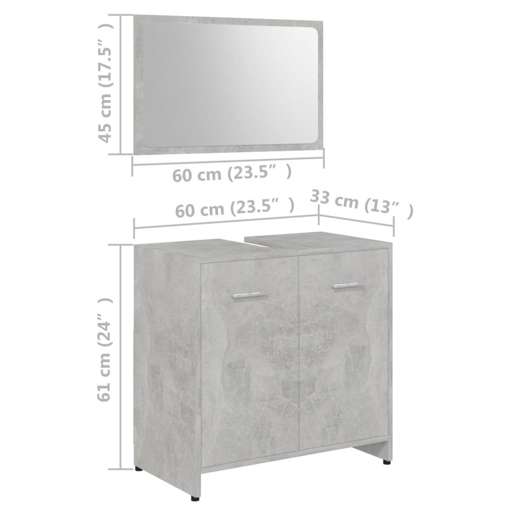 Set mobilier baie, 3 piece, gri beton, lemn prelucrat