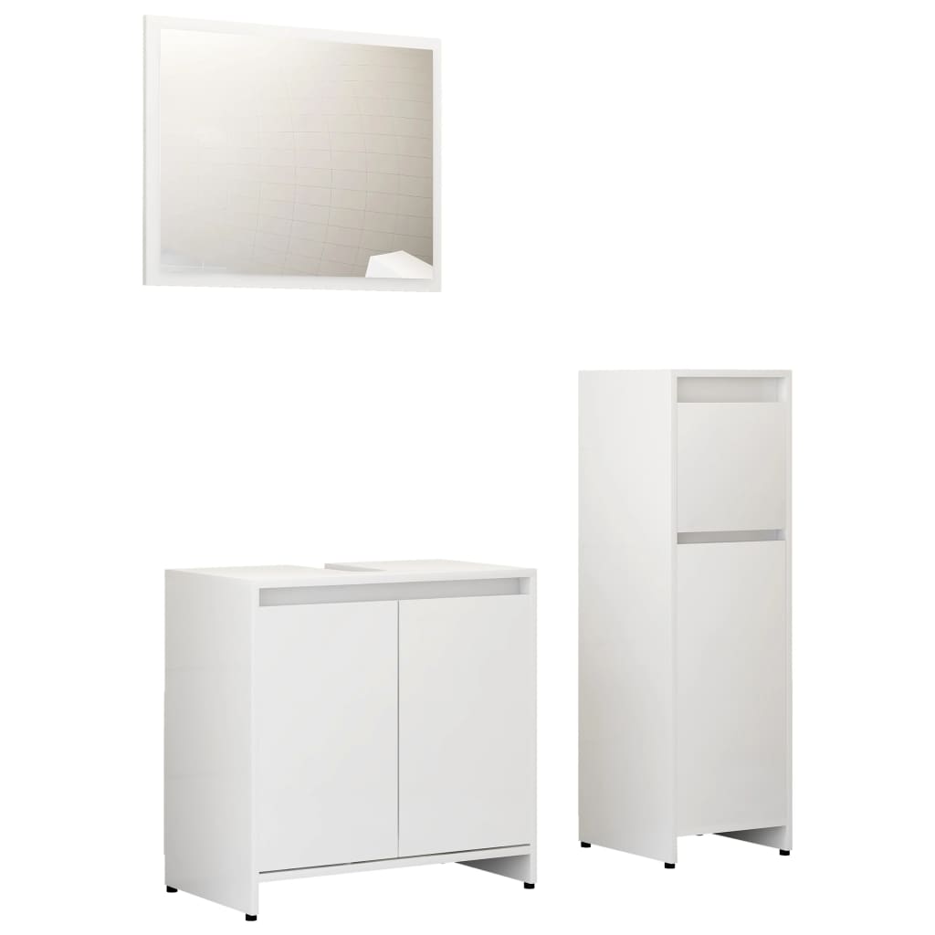 Set mobilier de baie, 3 piese, alb extralucios, lemn prelucrat