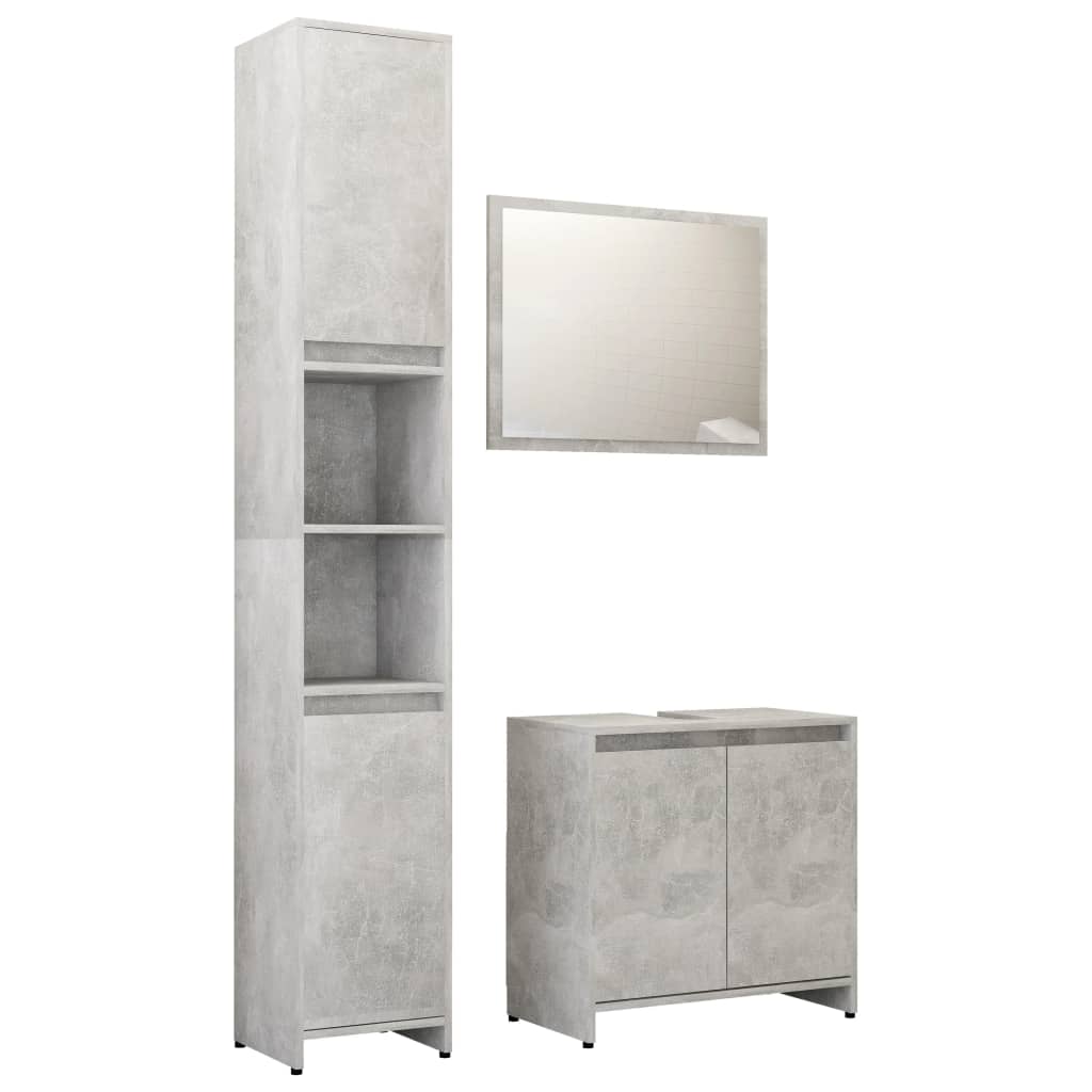 Set mobilier baie, 3 piece, gri beton, lemn prelucrat