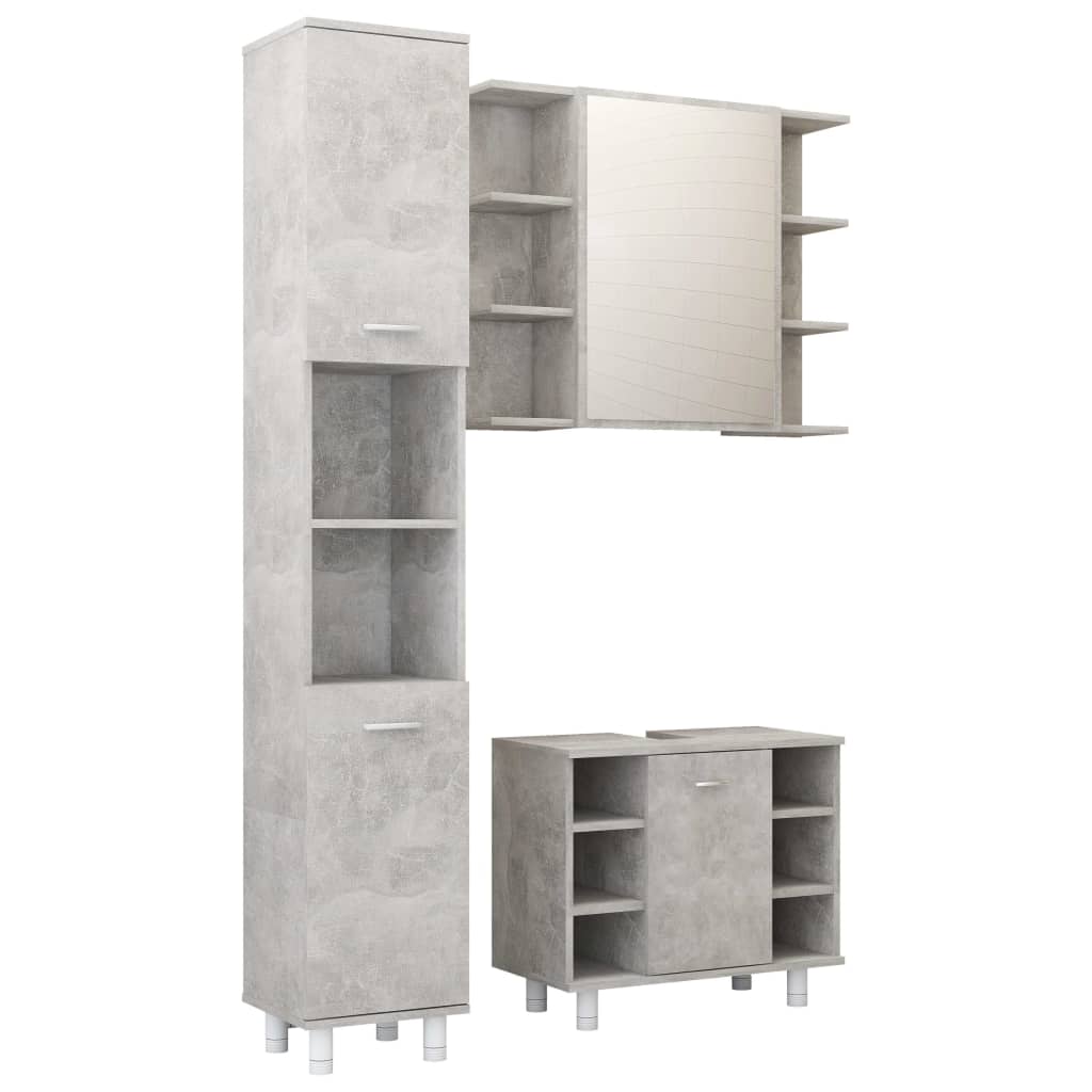 Set mobilier baie, 3 piece, gri beton, lemn prelucrat