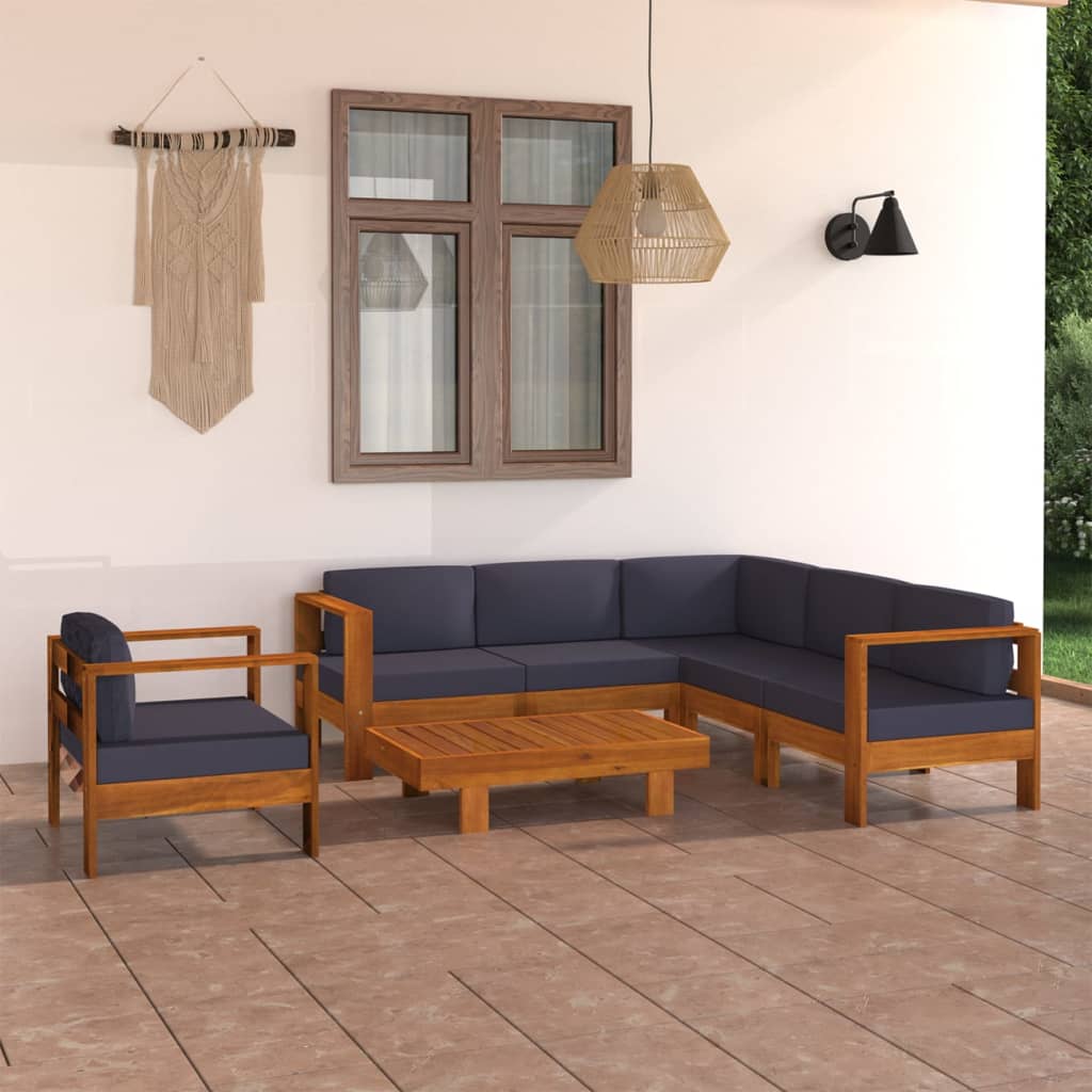 Set mobilier grădină perne gri închis, 7 piese, lemn acacia