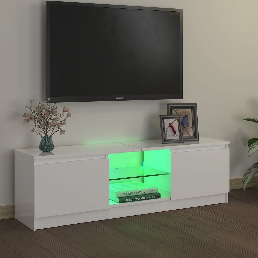 Comodă TV cu lumini LED, alb extralucios, 120x30x35,5 cm