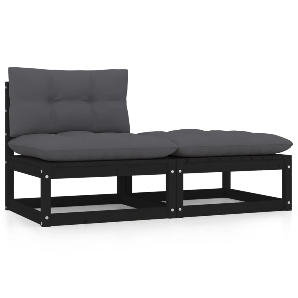 Set mobilier de grădină cu perne, 2 piese, negru, lemn de pin