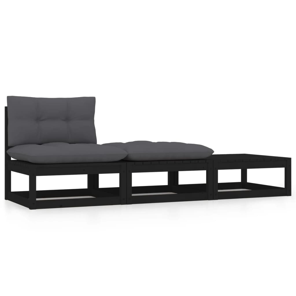 Set mobilier grădină cu perne, 3 piese, negru, lemn masiv pin