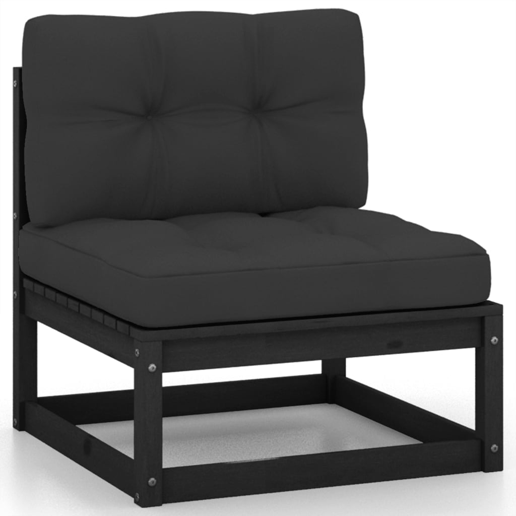 Set mobilier grădină cu perne, 3 piese, negru, lemn masiv pin