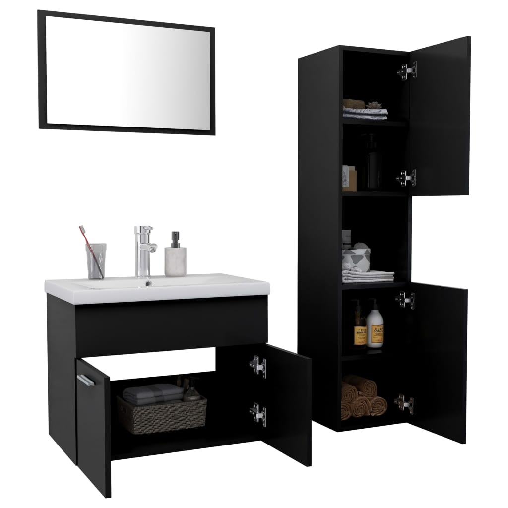 Set mobilier de baie, negru, lemn prelucrat