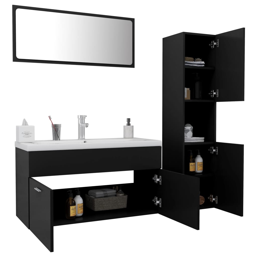 Set mobilier de baie, negru, lemn prelucrat