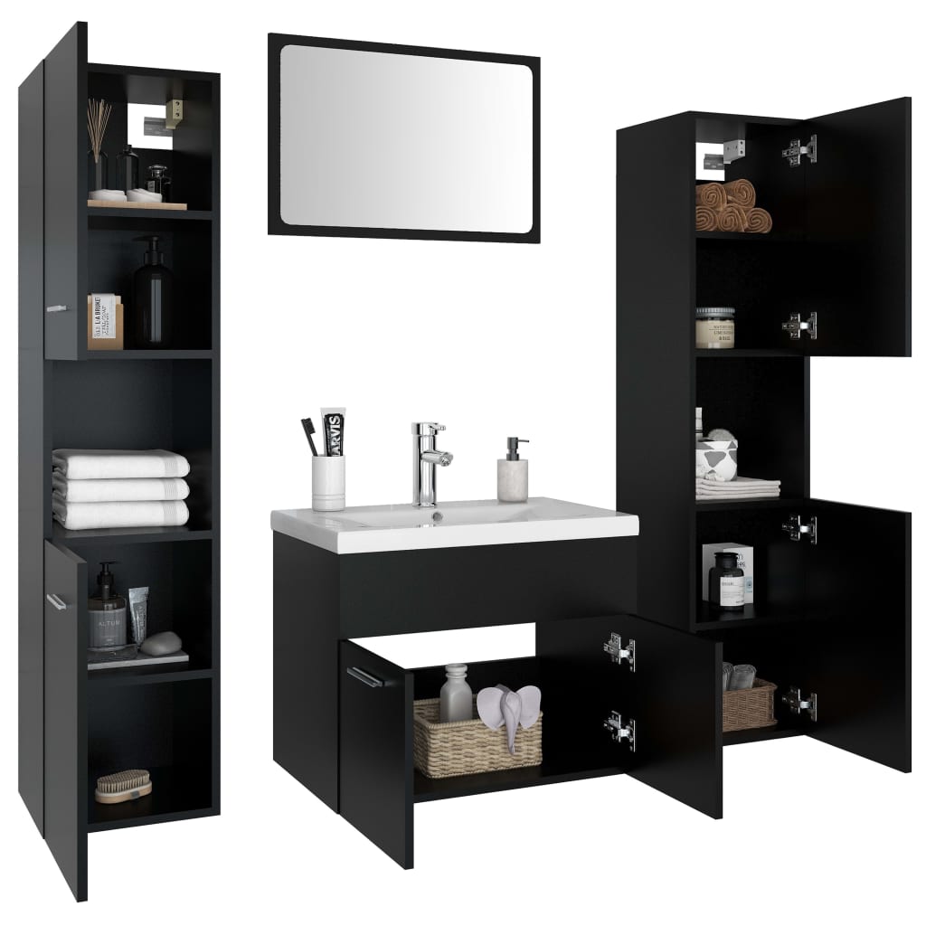 Set mobilier de baie, negru, lemn prelucrat