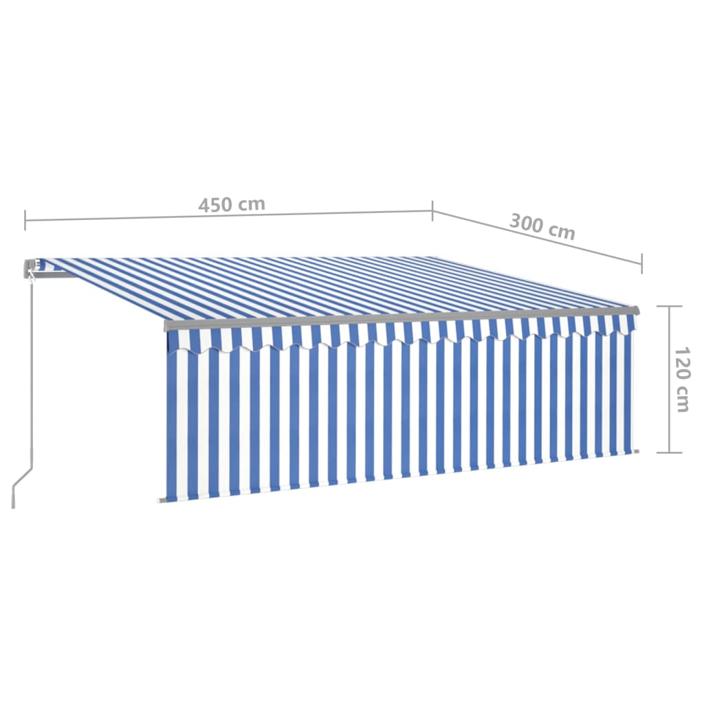 Copertină retractabilă manual cu stor, albastru&alb, 4,5x3 m