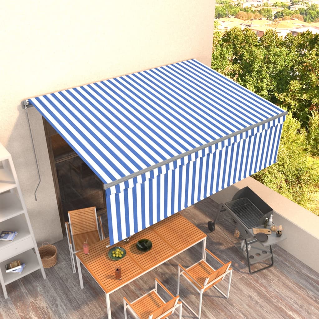 Copertină retractabilă manual cu stor, albastru&alb, 4,5x3 m