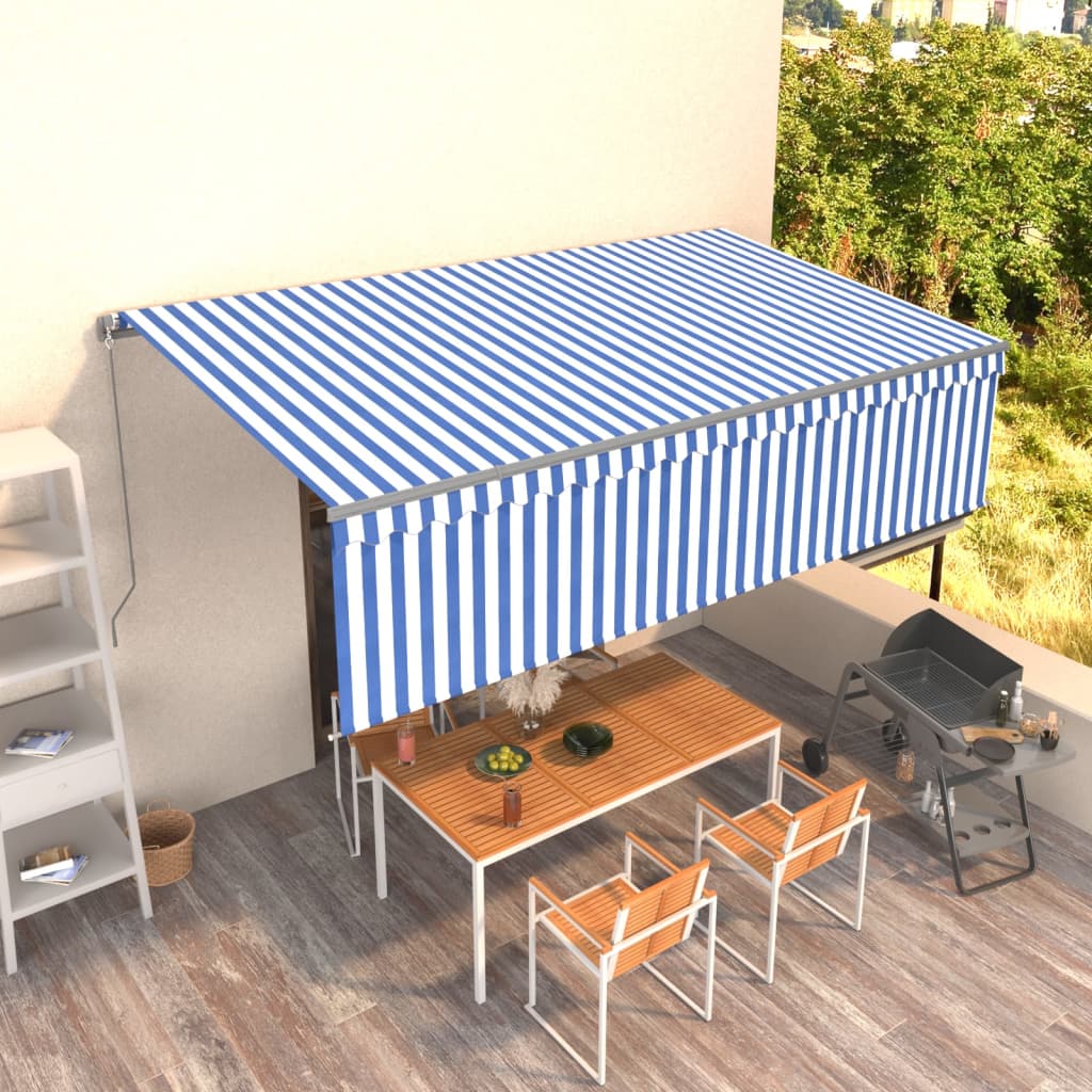 Copertină retractabilă manual cu stor, albastru&alb, 5x3 m