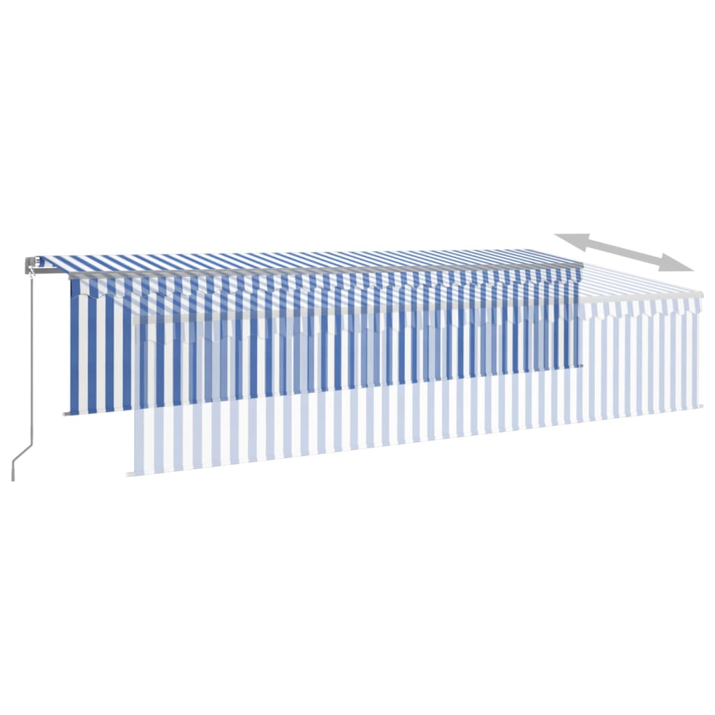 Copertină retractabilă manual cu stor&LED, albastru&alb, 6x3 m