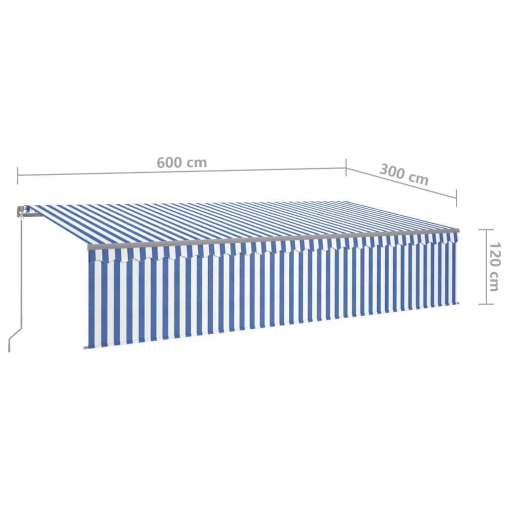 Copertină retractabilă manual cu stor&LED, albastru&alb, 6x3 m