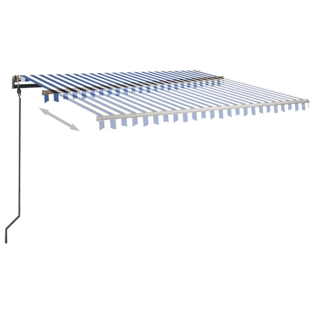 Copertină retractabilă manual, cu stâlpi, albastru/alb 4,5x3 m