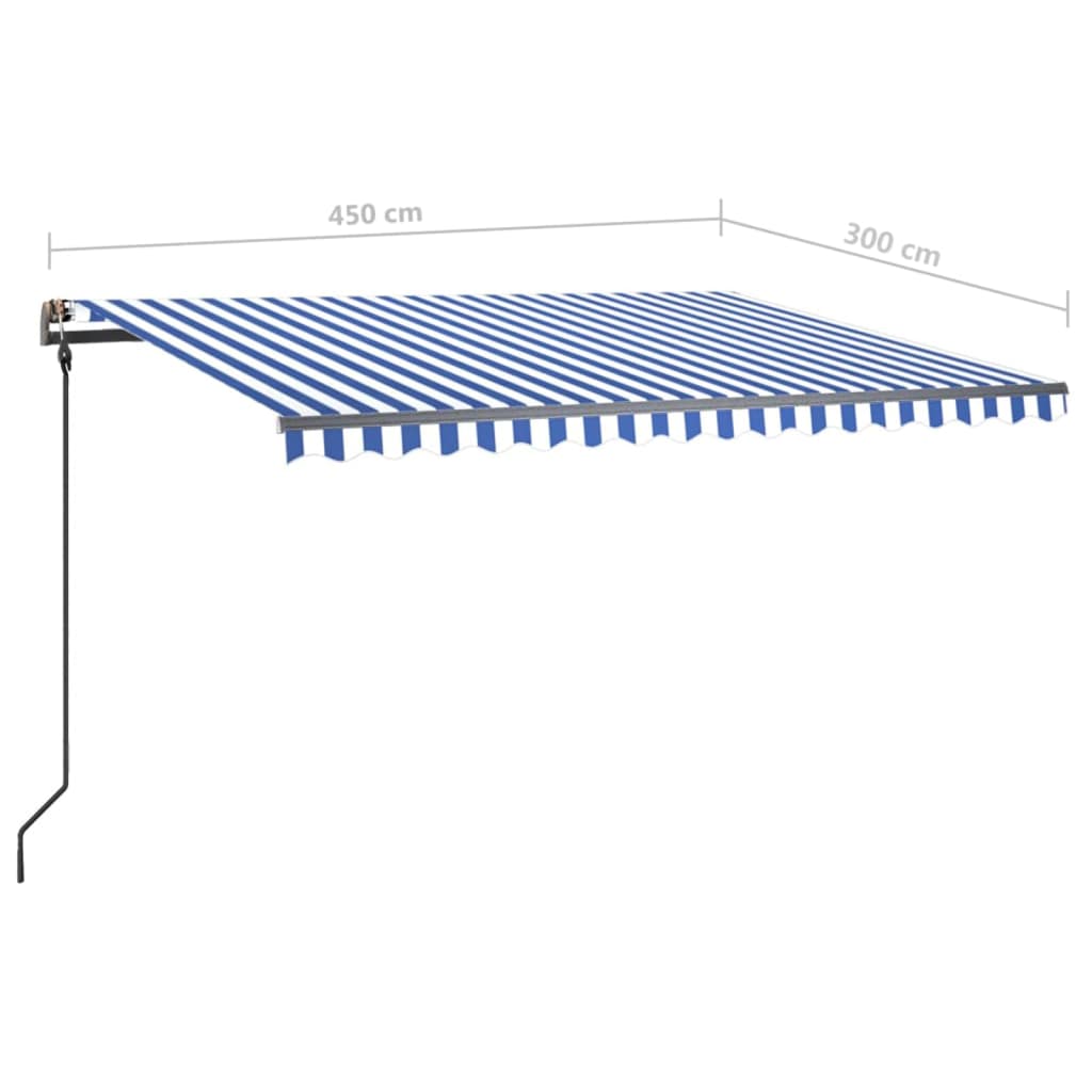 Copertină retractabilă manual, cu stâlpi, albastru/alb 4,5x3 m