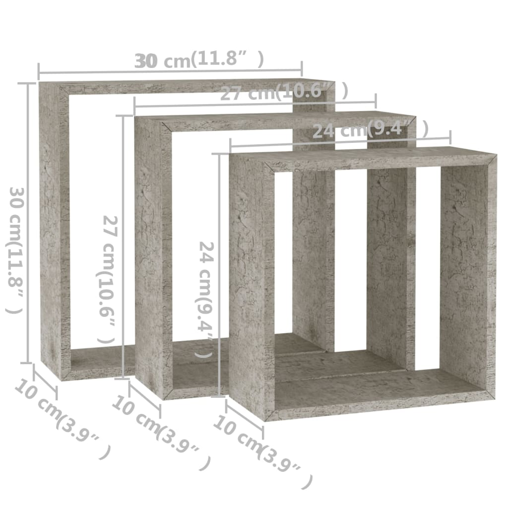 Rafturi de perete cub, 3 buc., gri beton