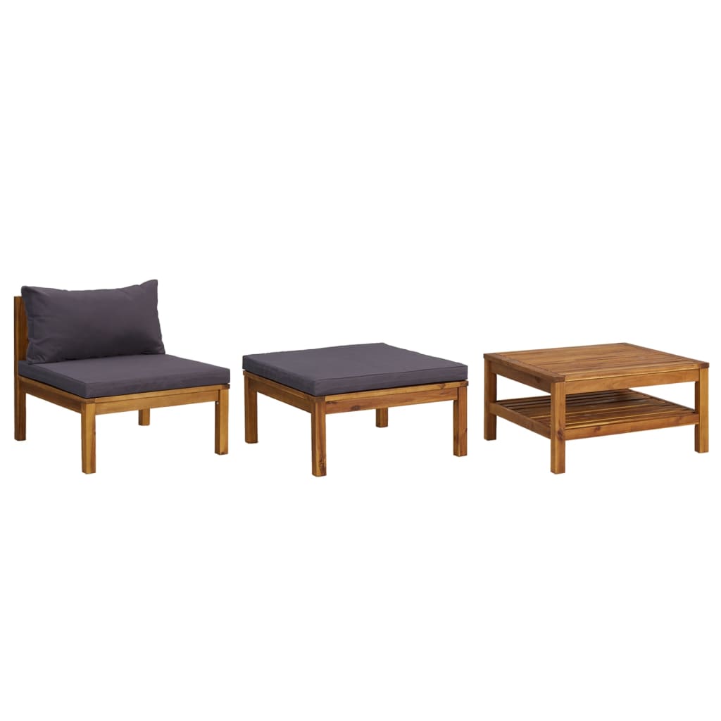 Set mobilier grădină perne gri închis, 3 piese, lemn acacia