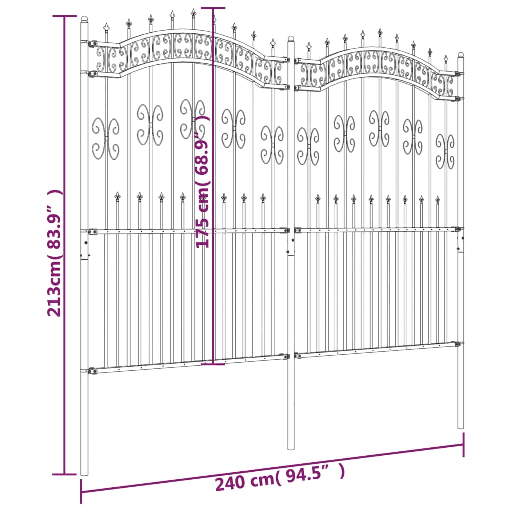 Gard grădină cu vârfuri negru 222 cm oțel vopsit electrostatic