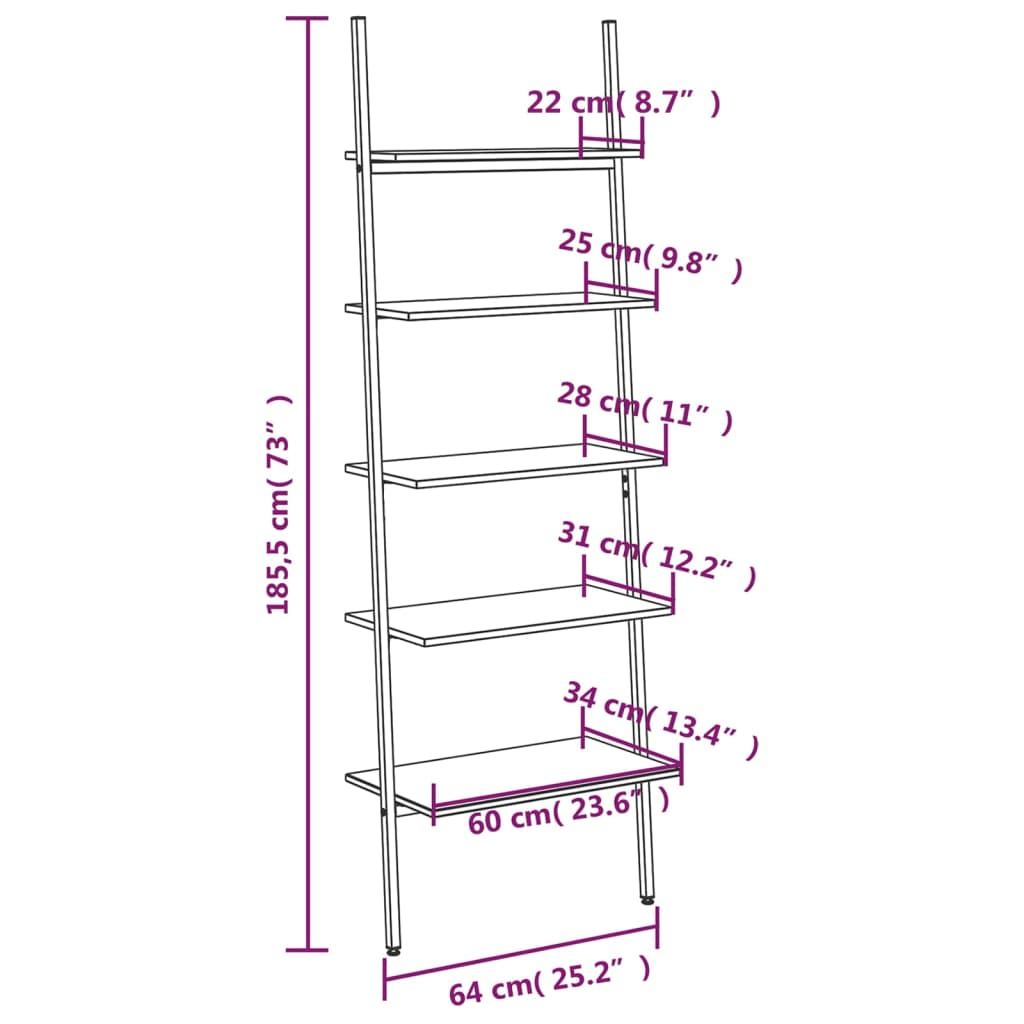 Raft înclinat cu 5 niveluri maro închis / negru 64x34x185,5 cm