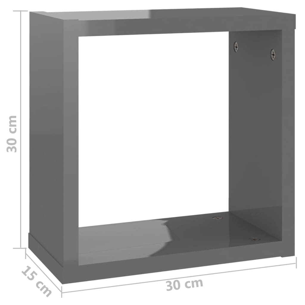 Rafturi de perete cub, 4 buc., gri extralucios, 30x15x30 cm