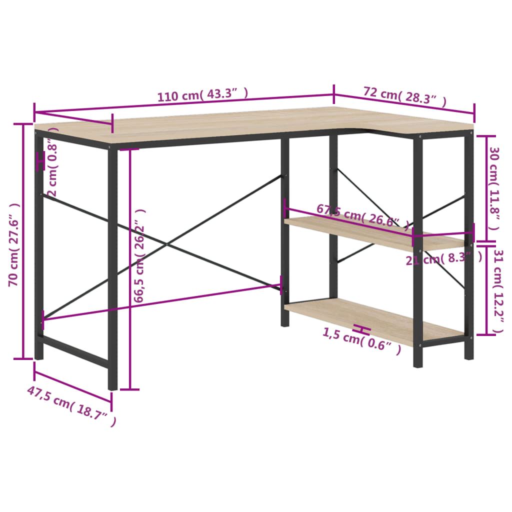 Birou de computer, negru/stejar, 110x72x70 cm, lemn prelucrat