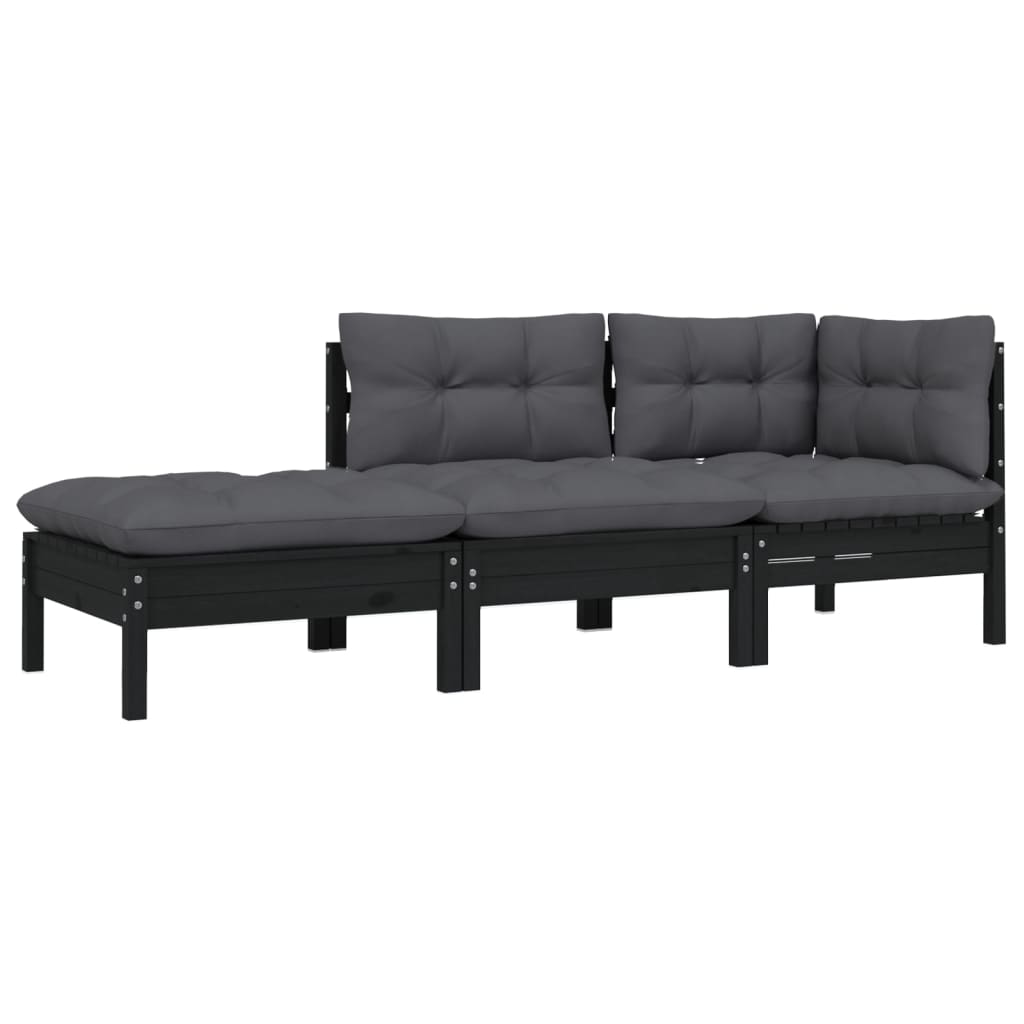 Set mobilier grădină cu perne, 3 piese, negru, lemn masiv pin