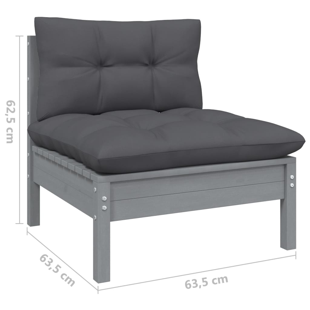 Set mobilier de grădină cu perne, 3 piese, gri, lemn masiv pin