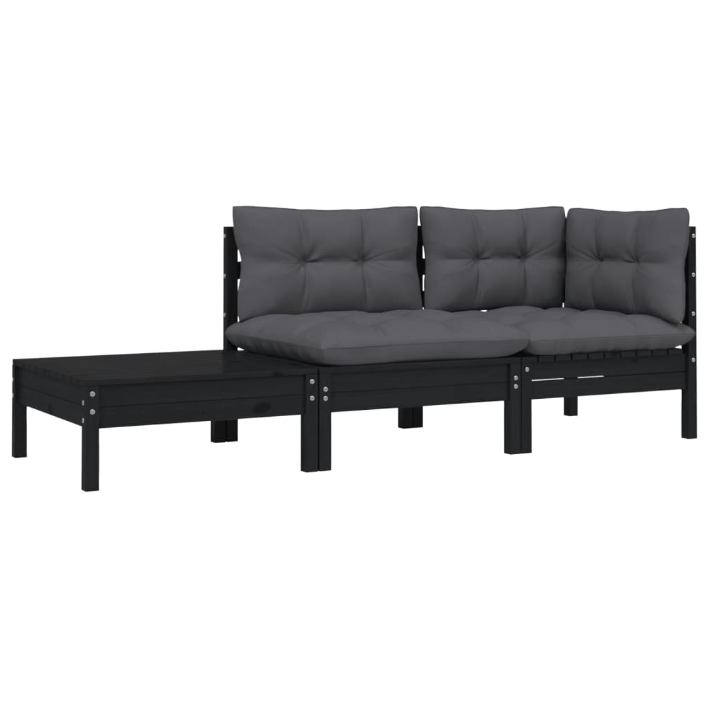 Set mobilier grădină cu perne, 3 piese, negru, lemn masiv pin