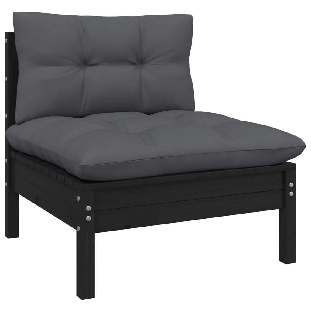 Set mobilier grădină cu perne, 3 piese, negru, lemn masiv pin