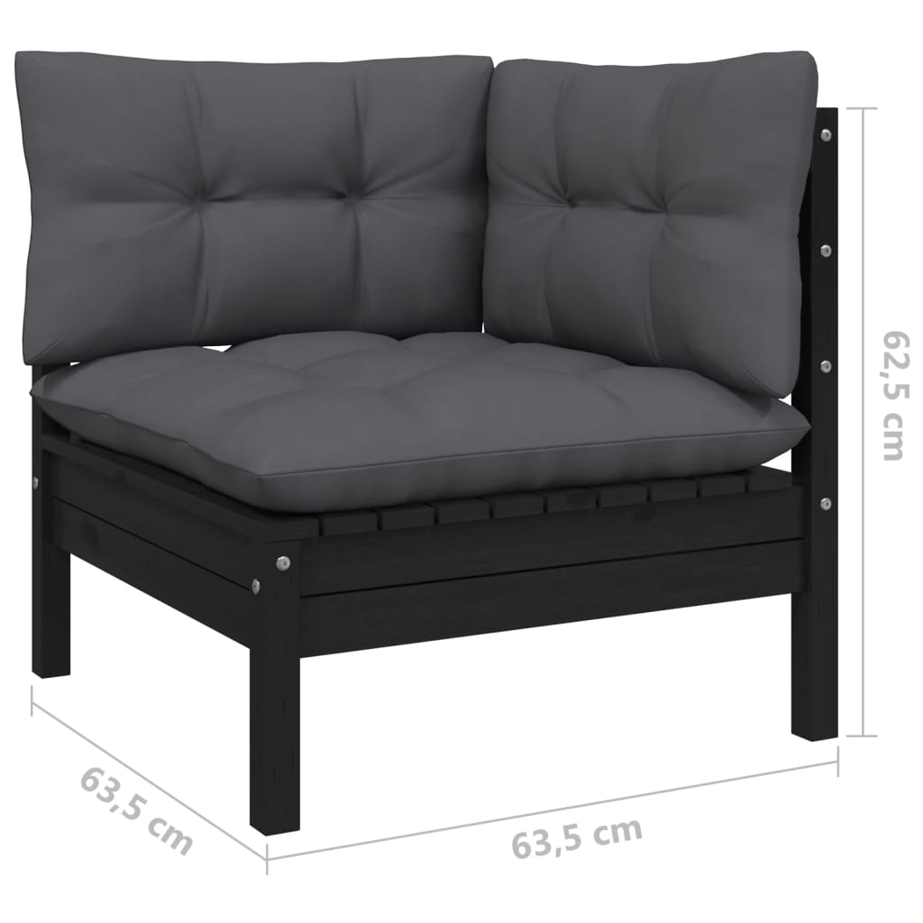 Set mobilier grădină cu perne, 3 piese, negru, lemn masiv pin